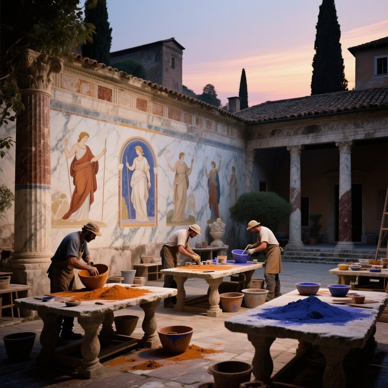 An Ancient Roman Villa Courtyard At Dusk, With Workers Mixing Natural Ochre And Lapis Pigment On