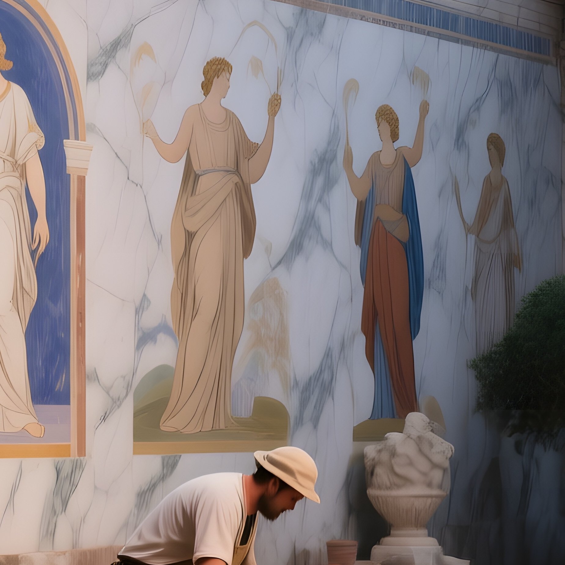 An Ancient Roman Villa Courtyard At Dusk, With Workers Mixing Natural Ochre And Lapis Pigment On - Full Resolution Quality Preview