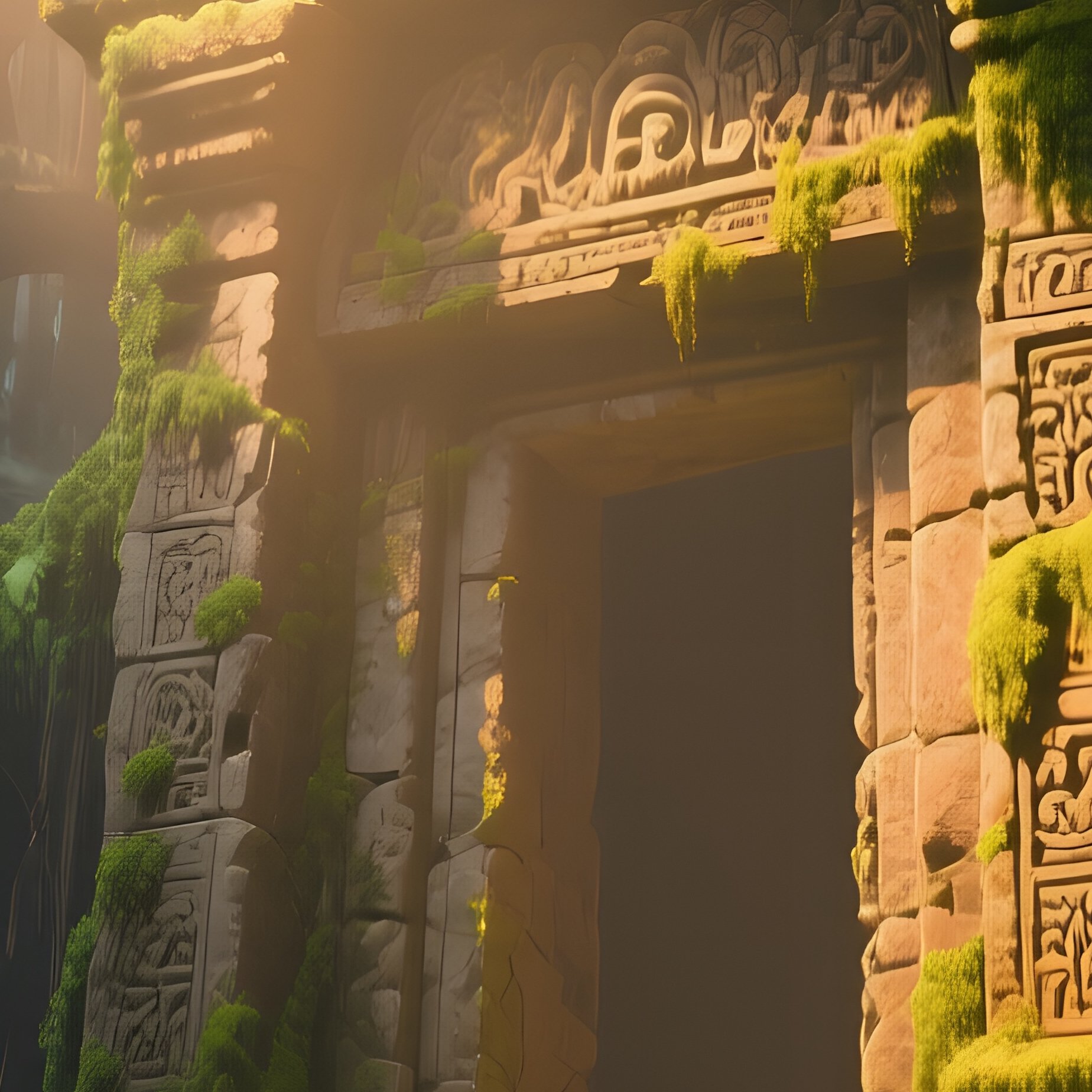 An Ancient Ruin Deep In A Jungle, Overgrown With Vines That Glow Faintly Amber, Shafts Of Sunlight - Full Resolution Quality Preview