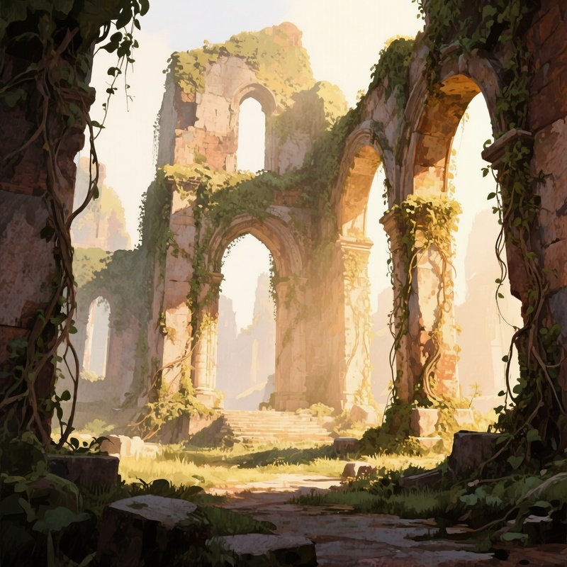 An Ancient Ruin Overgrown With Vines, Soft Golden Hour Light Filtering Through Arches, Watercolor