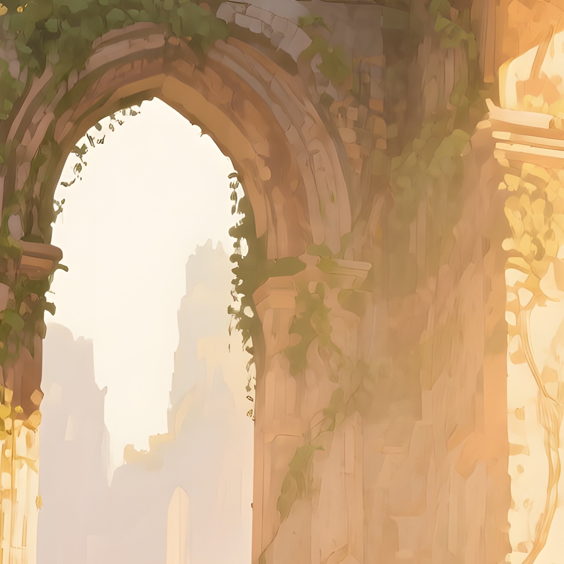 An Ancient Ruin Overgrown With Vines, Soft Golden Hour Light Filtering Through Arches, Watercolor - Full Resolution Quality Preview