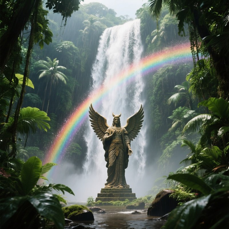 An Ancient Seraphic Figure Standing Before A Towering Waterfall In A Tropical Jungle, Rainbows