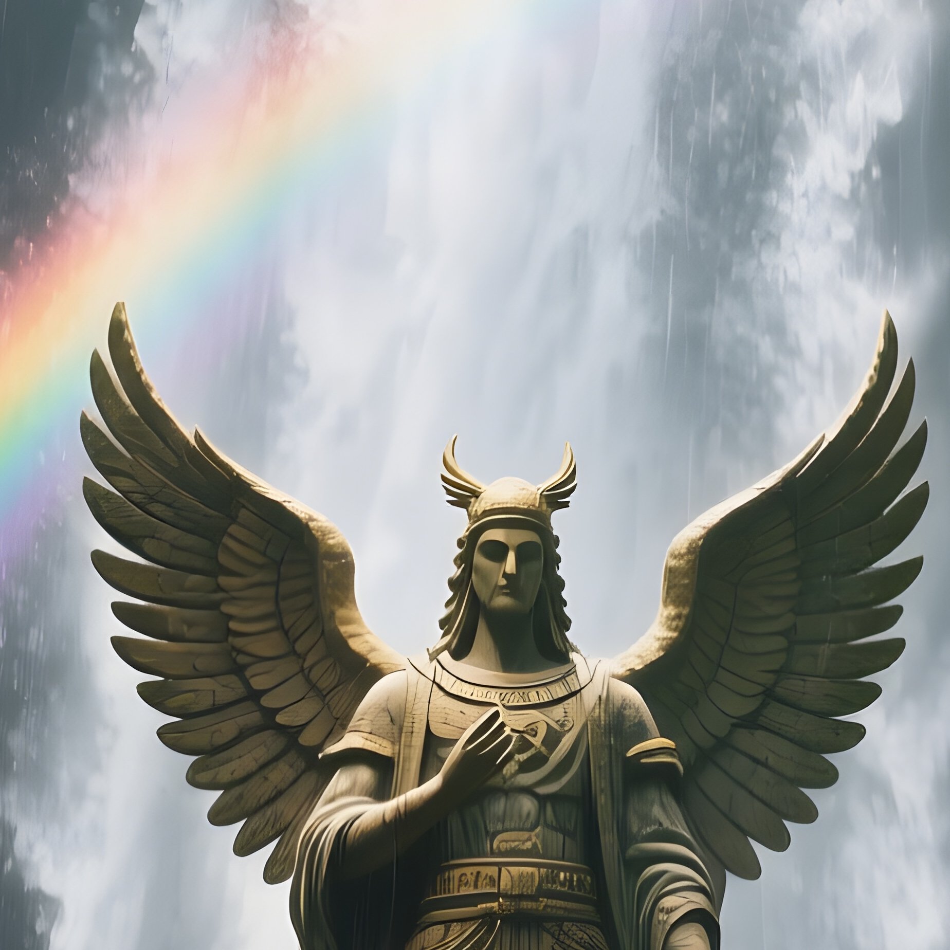 An Ancient Seraphic Figure Standing Before A Towering Waterfall In A Tropical Jungle, Rainbows - Full Resolution Quality Preview