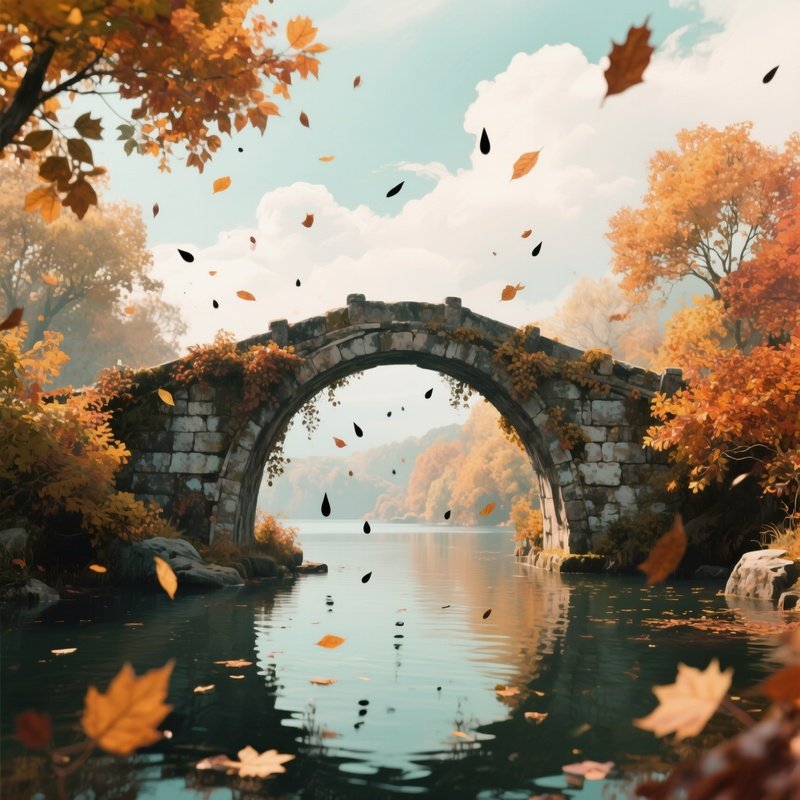 An Ancient Stone Bridge Enveloped In Autumn Foliage, Leaves Falling Like Ink Droplets, Muted Amber