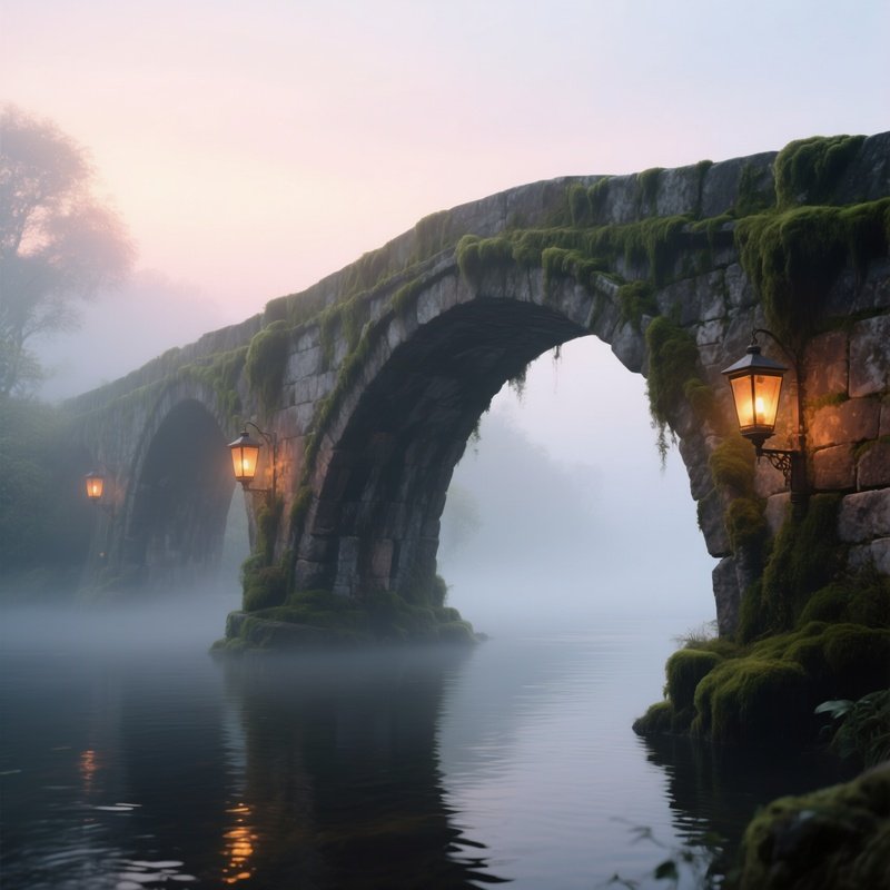 An Ancient Stone Bridge Over A Misty River At Dawn, Soft Pastel Light Filtering Through Fog,