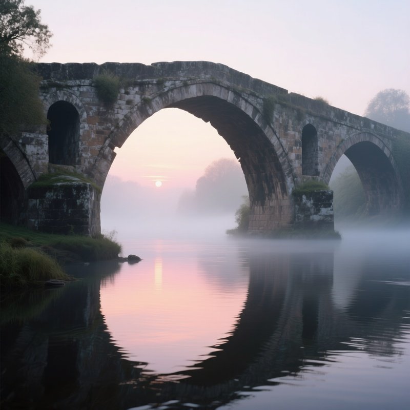 An Ancient Stone Bridge Over A Misty River At Sunrise, Arches Detailed In Weathered Gray Clay,