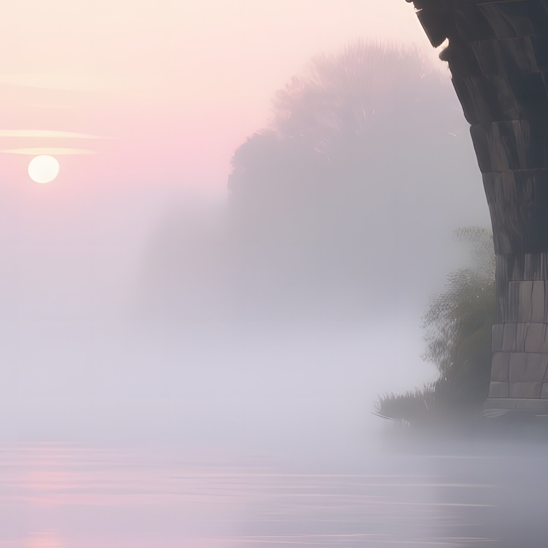 An Ancient Stone Bridge Over A Misty River At Sunrise, Arches Detailed In Weathered Gray Clay, - Full Resolution Quality Preview