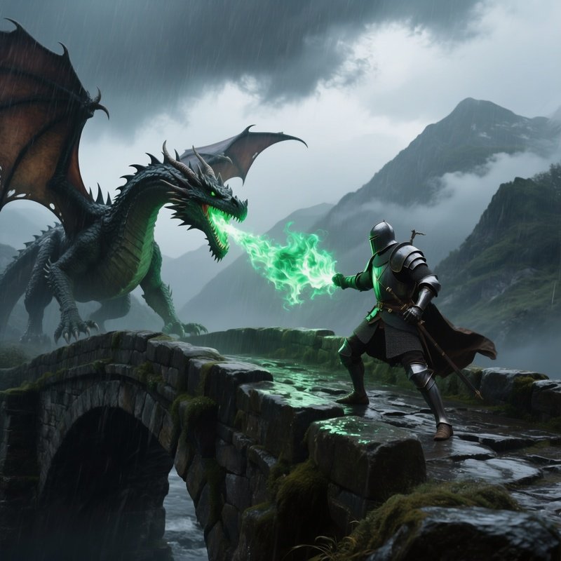 An Ancient Stone Bridge Under A Stormy Sky Where The Brave Knight Confronts A Dragon Breathing