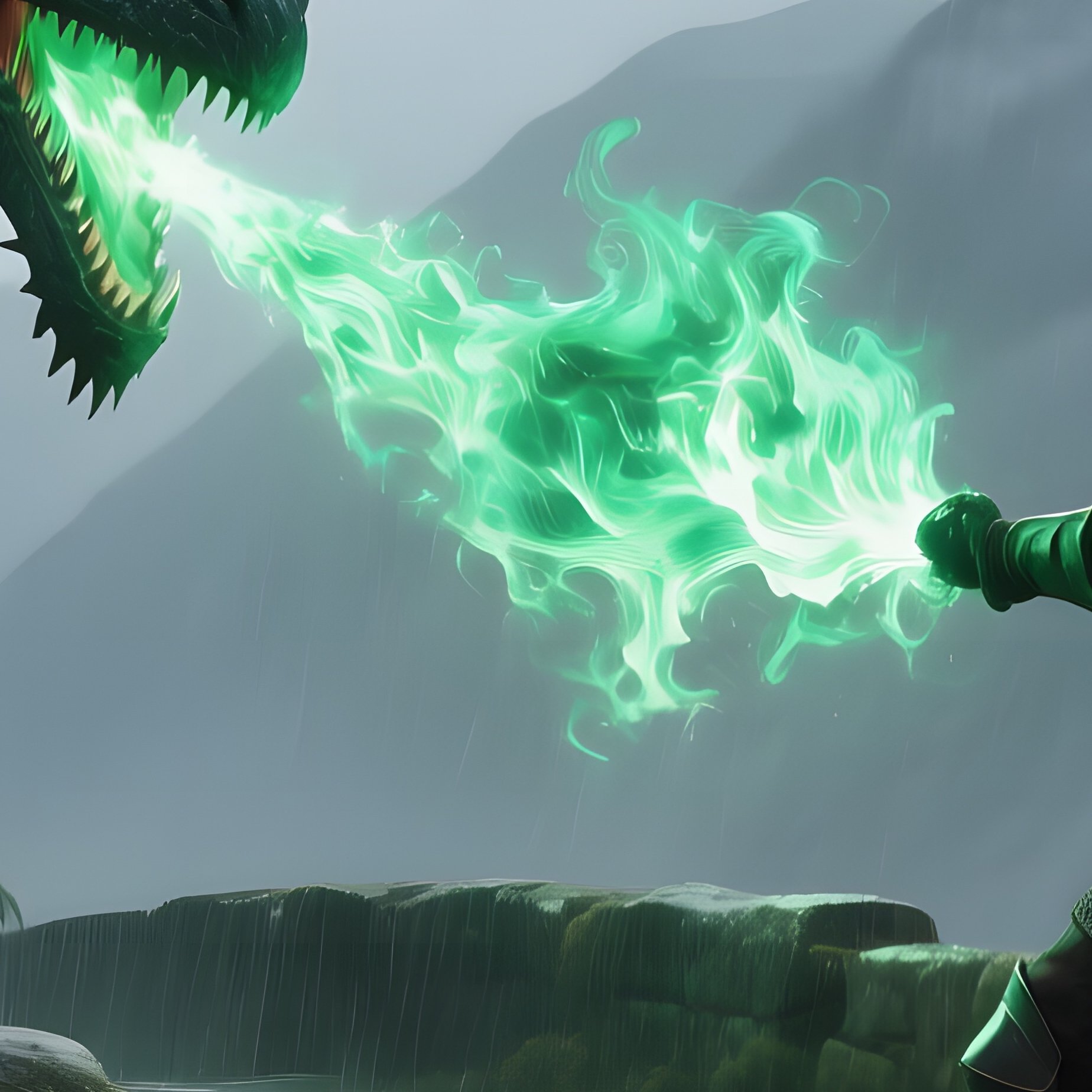 An Ancient Stone Bridge Under A Stormy Sky Where The Brave Knight Confronts A Dragon Breathing - Full Resolution Quality Preview