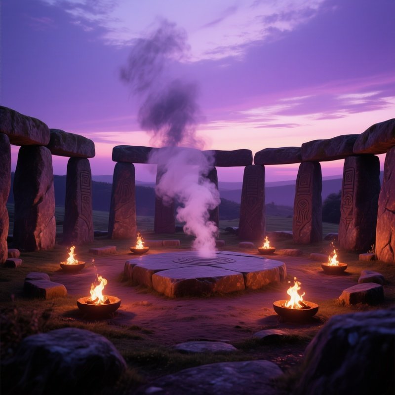 An Ancient Stone Circle Altar At Dusk, Fire Pits Encircling A Central Stone Slab, Smoke Rising Into