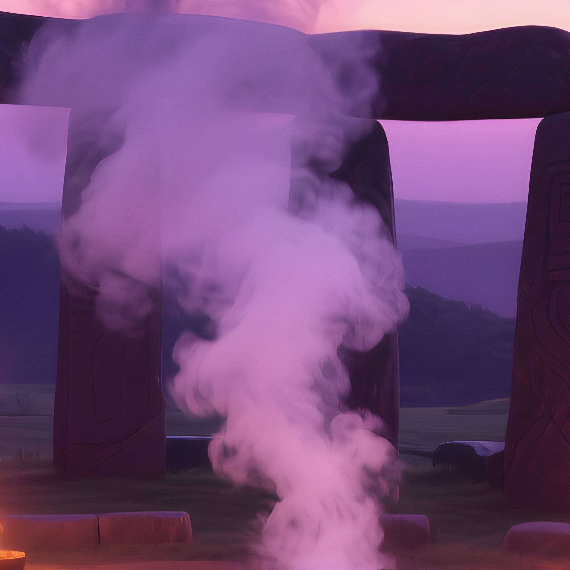 An Ancient Stone Circle Altar At Dusk, Fire Pits Encircling A Central Stone Slab, Smoke Rising Into - Full Resolution Quality Preview