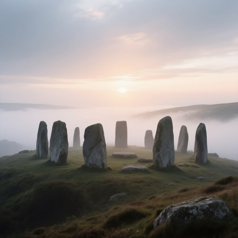 An Ancient Stone Circle On A Misty Hilltop At Dawn, Monoliths Rendered In Weathered Gray Clay,
