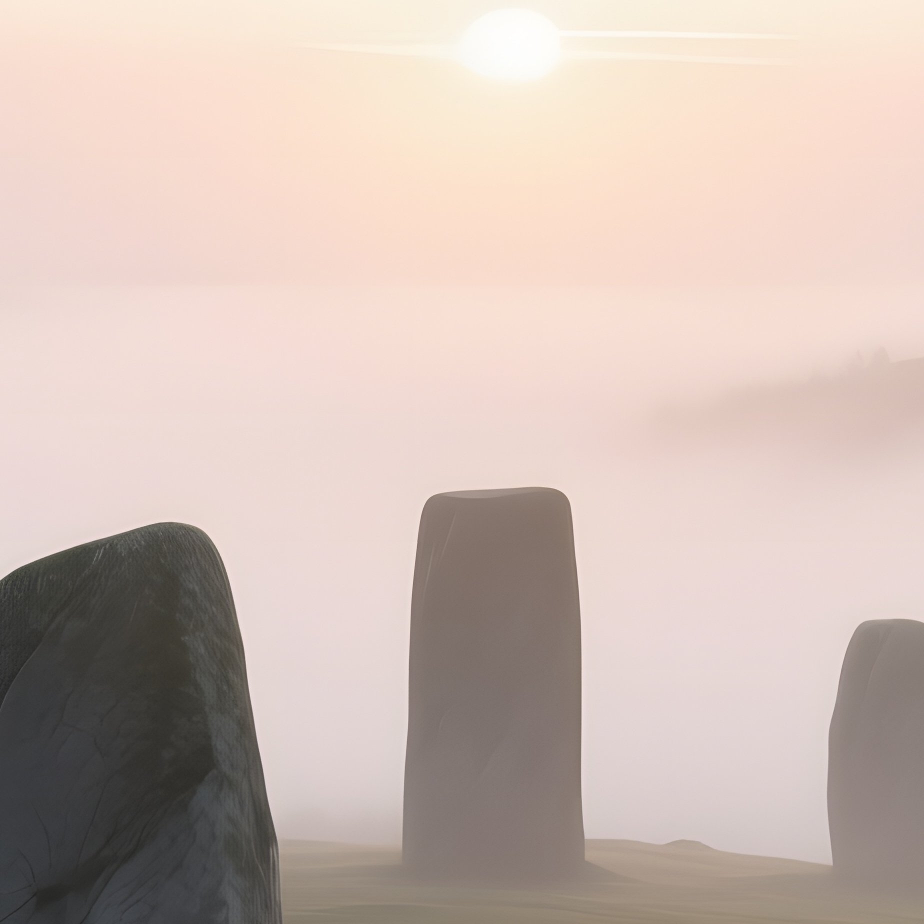 An Ancient Stone Circle On A Misty Hilltop At Dawn, Monoliths Rendered In Weathered Gray Clay, - Full Resolution Quality Preview