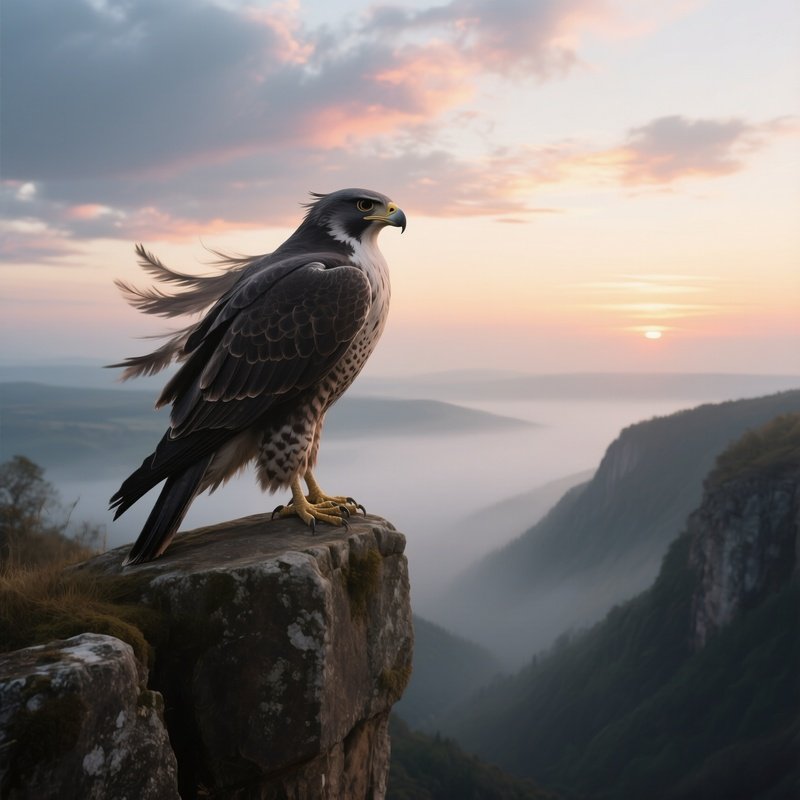 An Ancient Stone Falcon Perched On A Cliff Edge Overlooking A Misty Valley At Dawn, Wind Ruffling