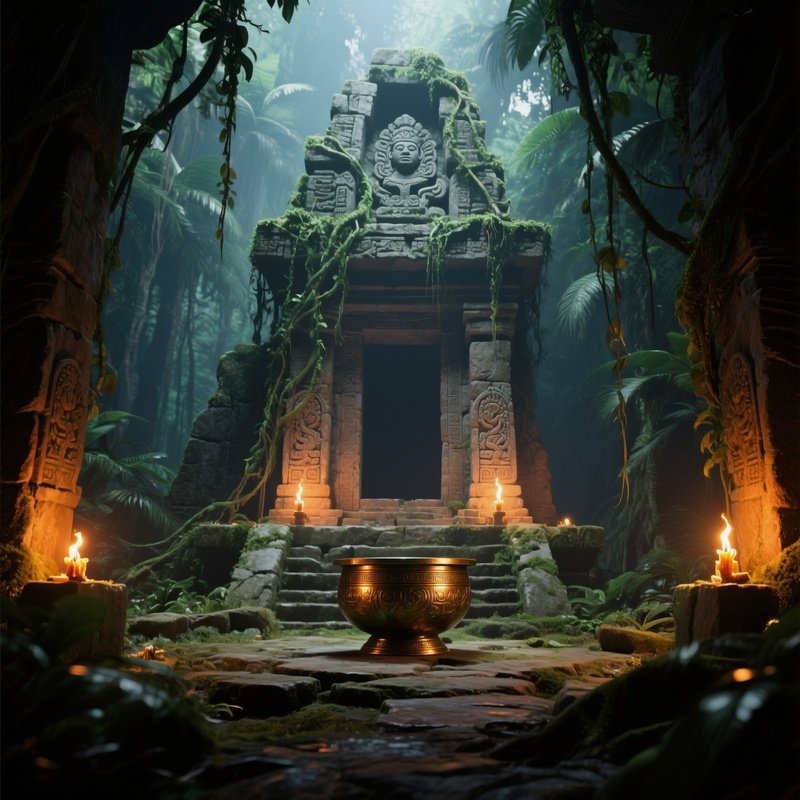An Ancient Stone Temple Altar Deep In Jungle Ruins, Vines Draped Over Carved Reliefs, Torches