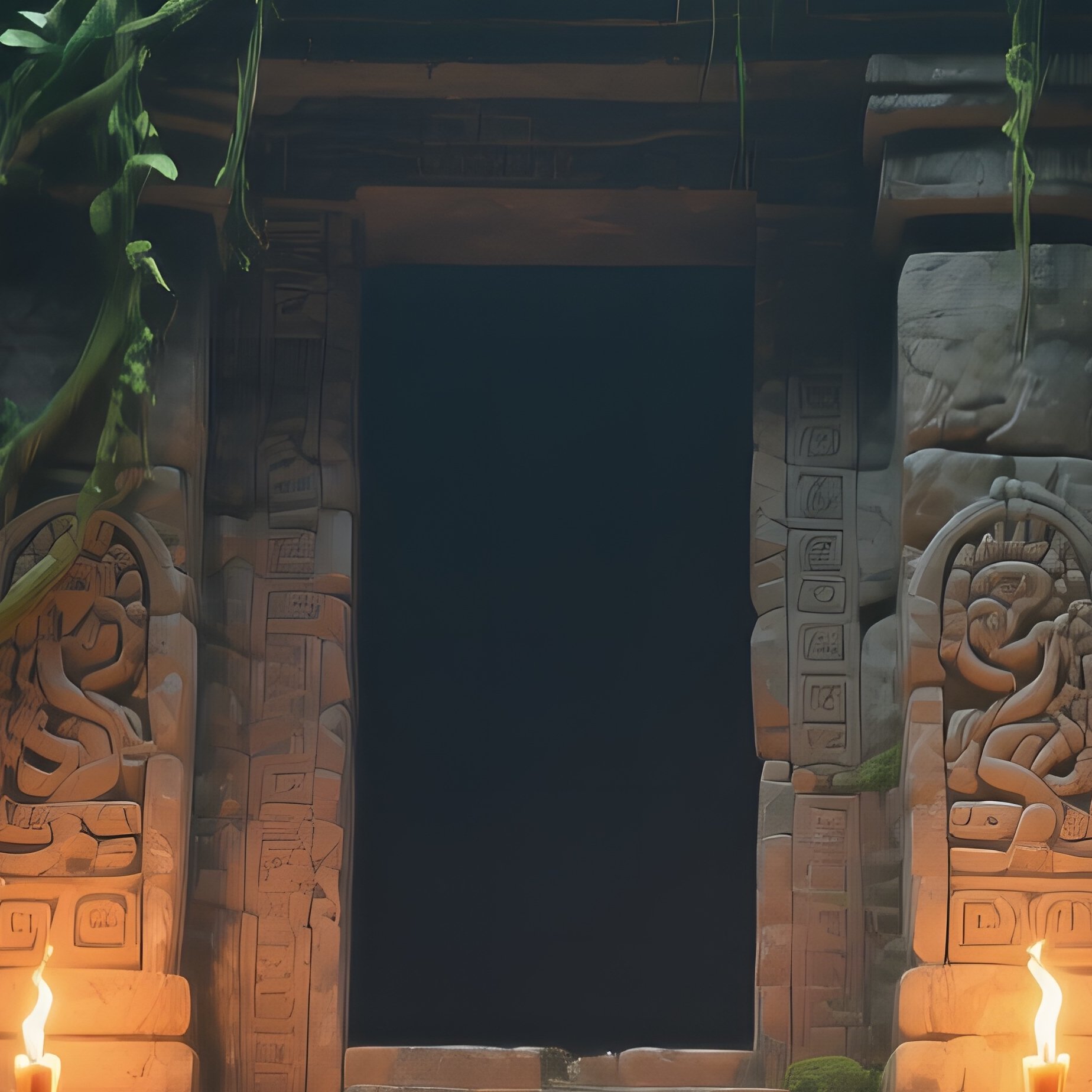 An Ancient Stone Temple Altar Deep In Jungle Ruins, Vines Draped Over Carved Reliefs, Torches - Full Resolution Quality Preview