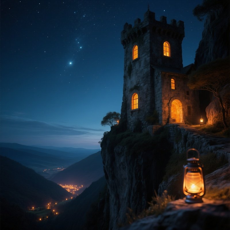 An Ancient Stone Tower House Built Into A Cliffside, Its Windows Glowing Amber Against A