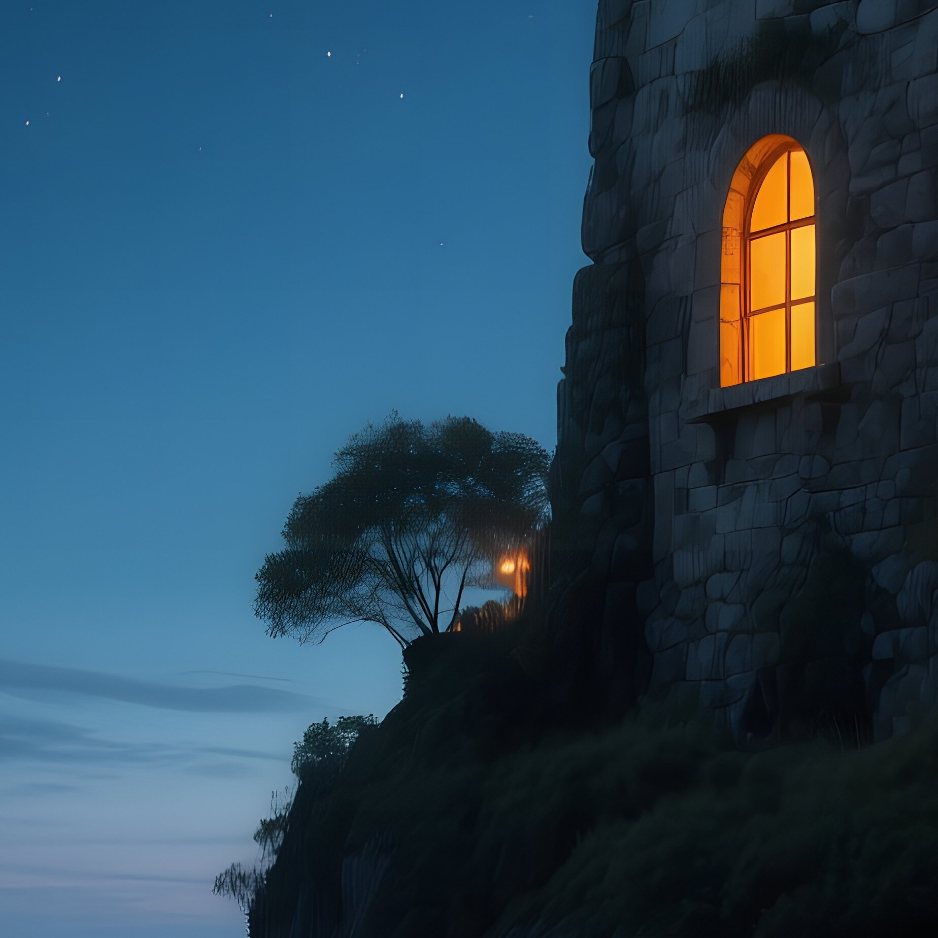 An Ancient Stone Tower House Built Into A Cliffside, Its Windows Glowing Amber Against A - Full Resolution Quality Preview