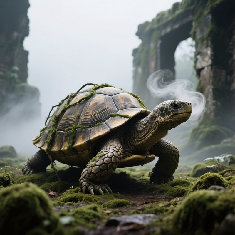 An Ancient Stone Turtle Slowly Moving Across A Moss‑Covered Ruin, Vines Wrapping Around Its Shell,