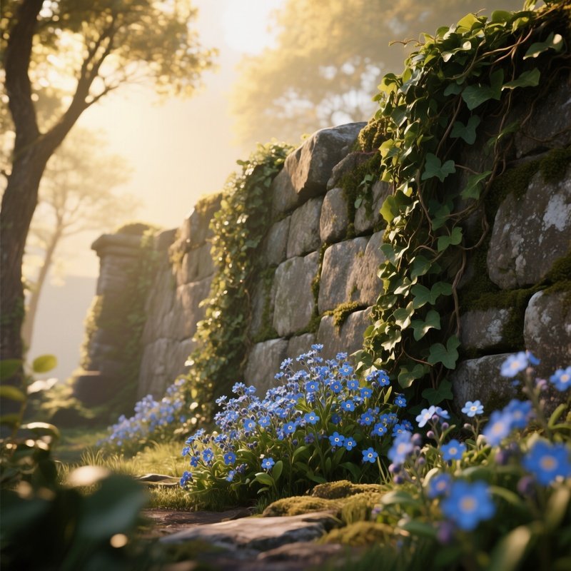An Ancient Stone Wall Covered In Creeping Ivy And Clusters Of Blue Forget Me Nots, Soft Golden