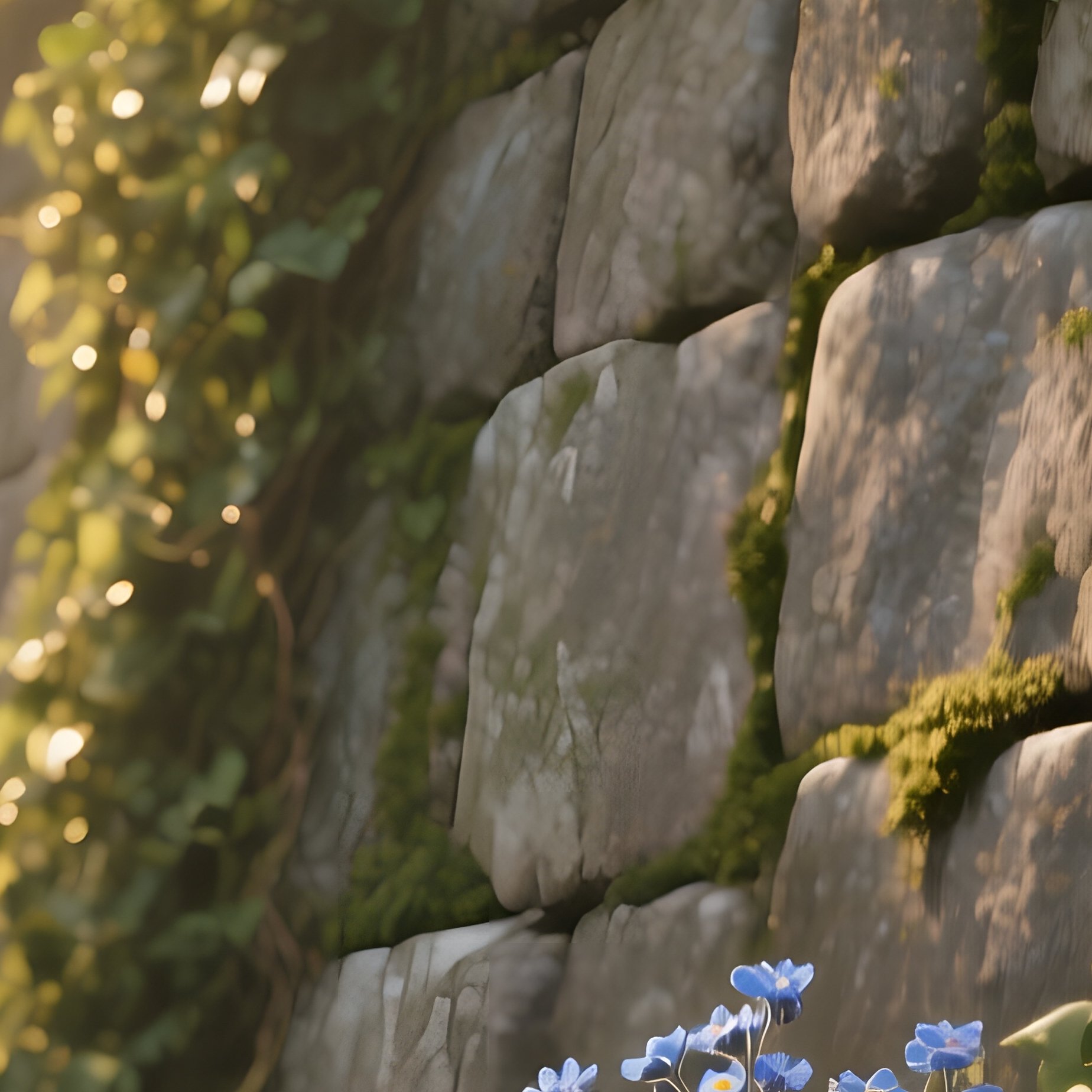 An Ancient Stone Wall Covered In Creeping Ivy And Clusters Of Blue Forget Me Nots, Soft Golden - Full Resolution Quality Preview