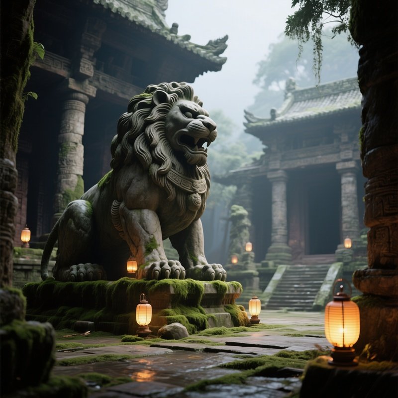 An Ancient Temple Courtyard Featuring A Massive Stone Lion Guardian, Moss Covering Its Base,