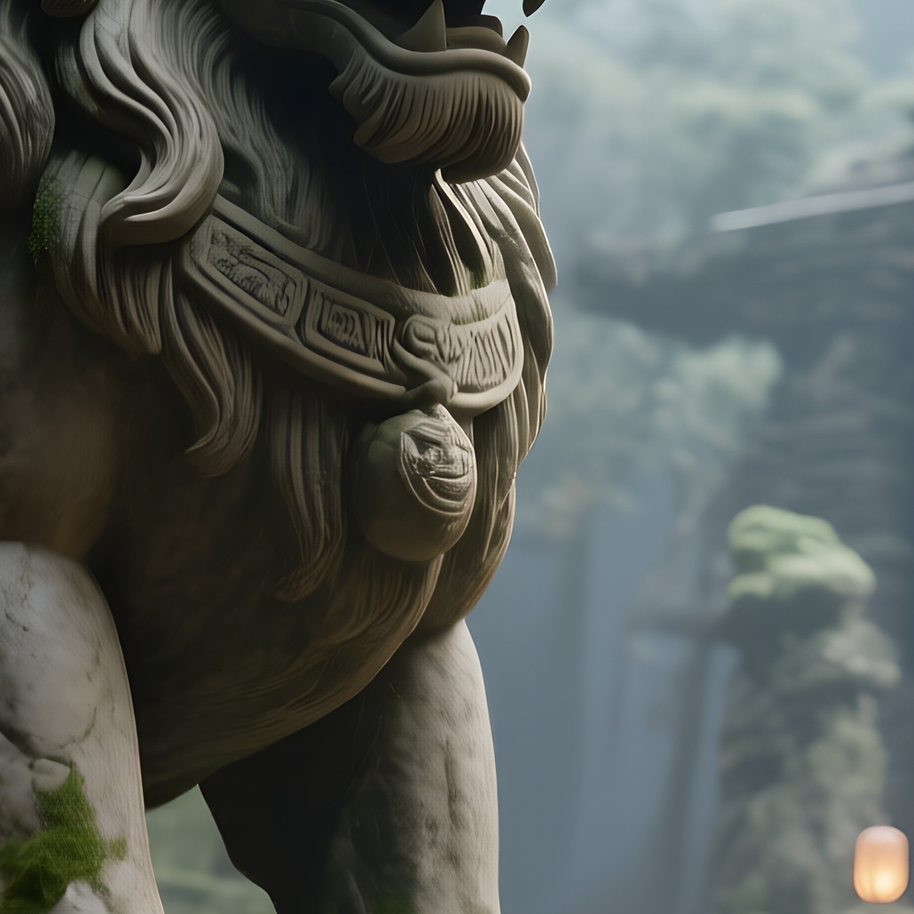 An Ancient Temple Courtyard Featuring A Massive Stone Lion Guardian, Moss Covering Its Base, - Full Resolution Quality Preview