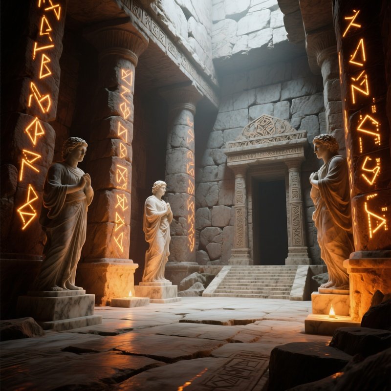 An Ancient Temple Interior, Stone Walls Etched With Luminous Runes That Pulse Like Infected Code,