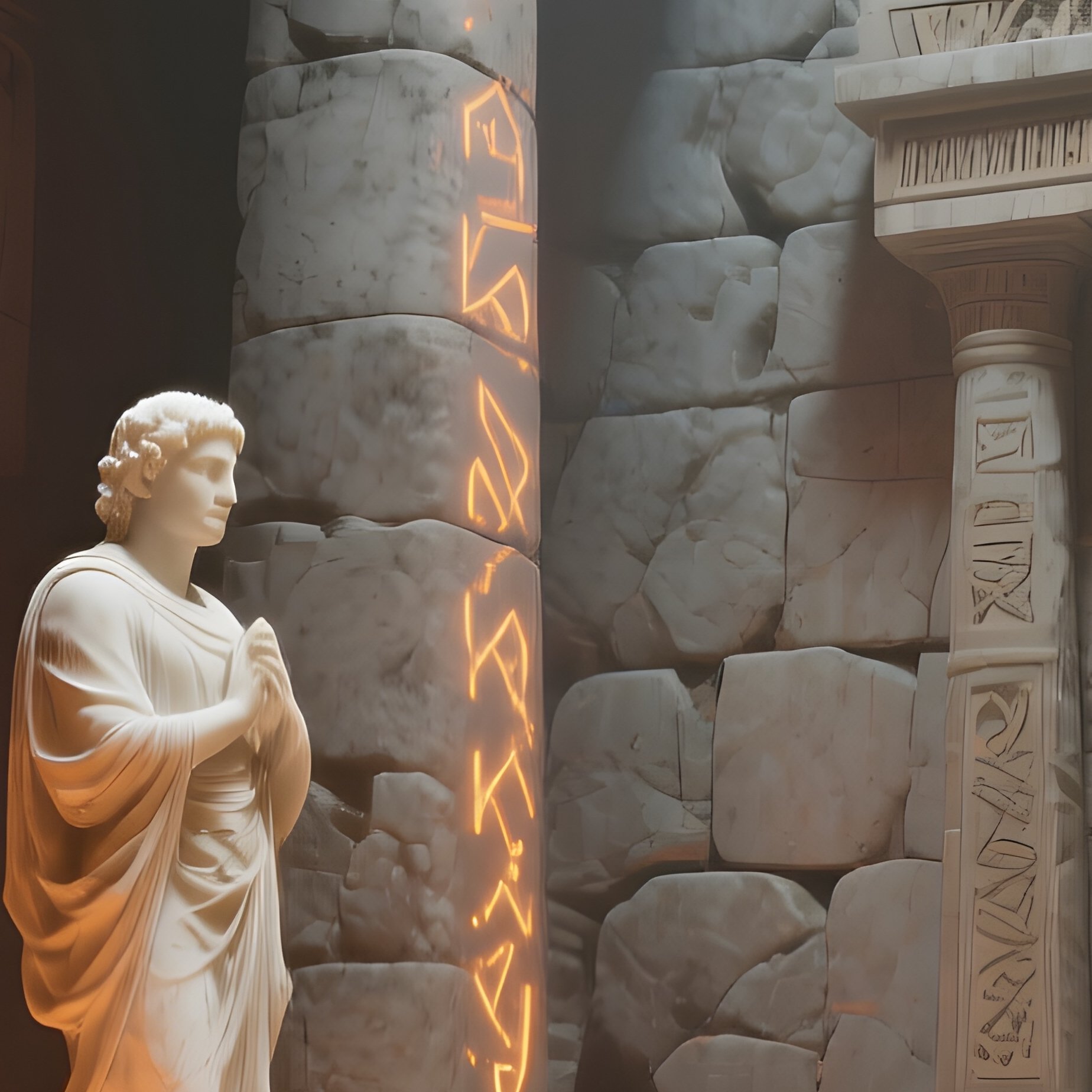 An Ancient Temple Interior, Stone Walls Etched With Luminous Runes That Pulse Like Infected Code, - Full Resolution Quality Preview