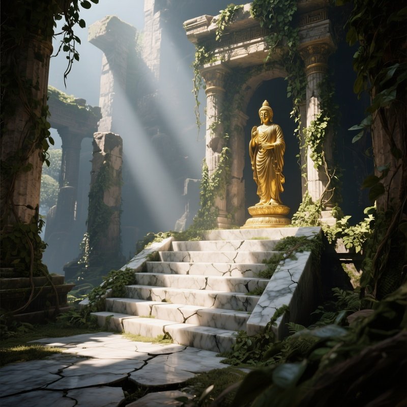 An Ancient Temple Ruin Altar Overgrown With Vines, Cracked Marble Steps Illuminated By Shafts Of