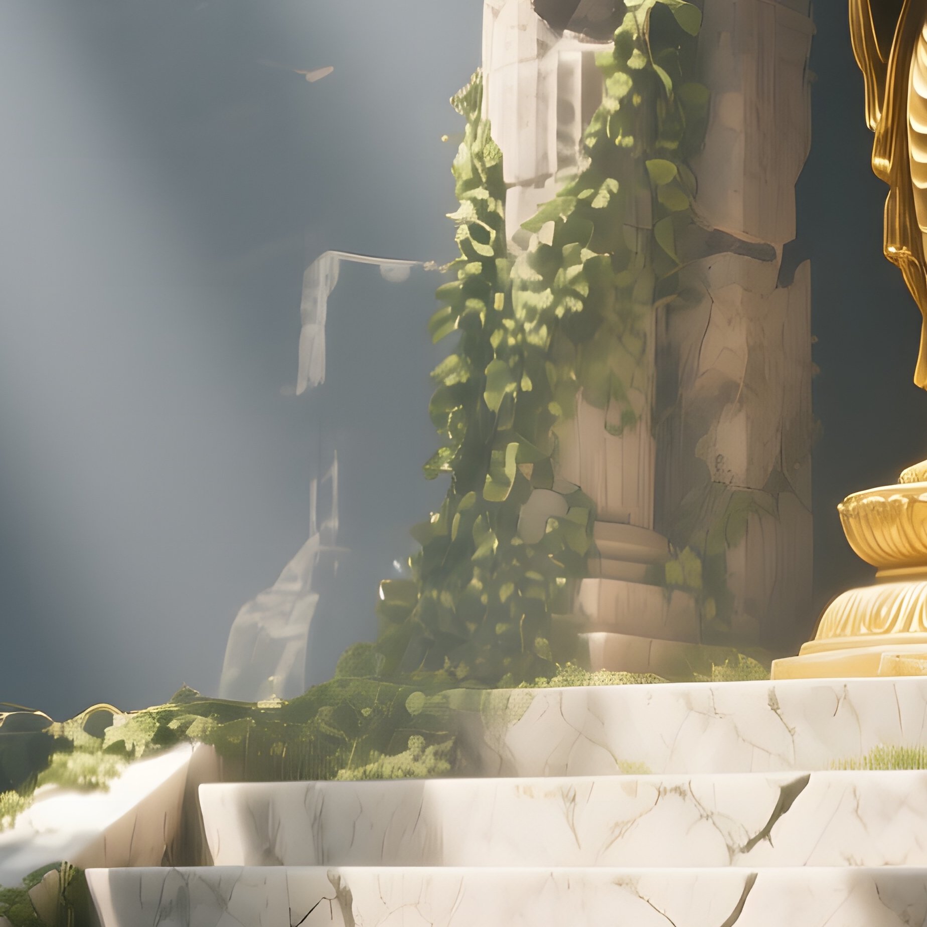 An Ancient Temple Ruin Altar Overgrown With Vines, Cracked Marble Steps Illuminated By Shafts Of - Full Resolution Quality Preview