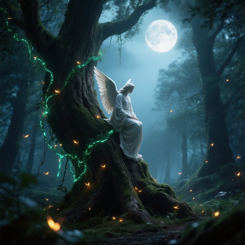 An Angel Perched On A Massive Ancient Tree Trunk In An Enchanted Forest, Moonlight Filtering