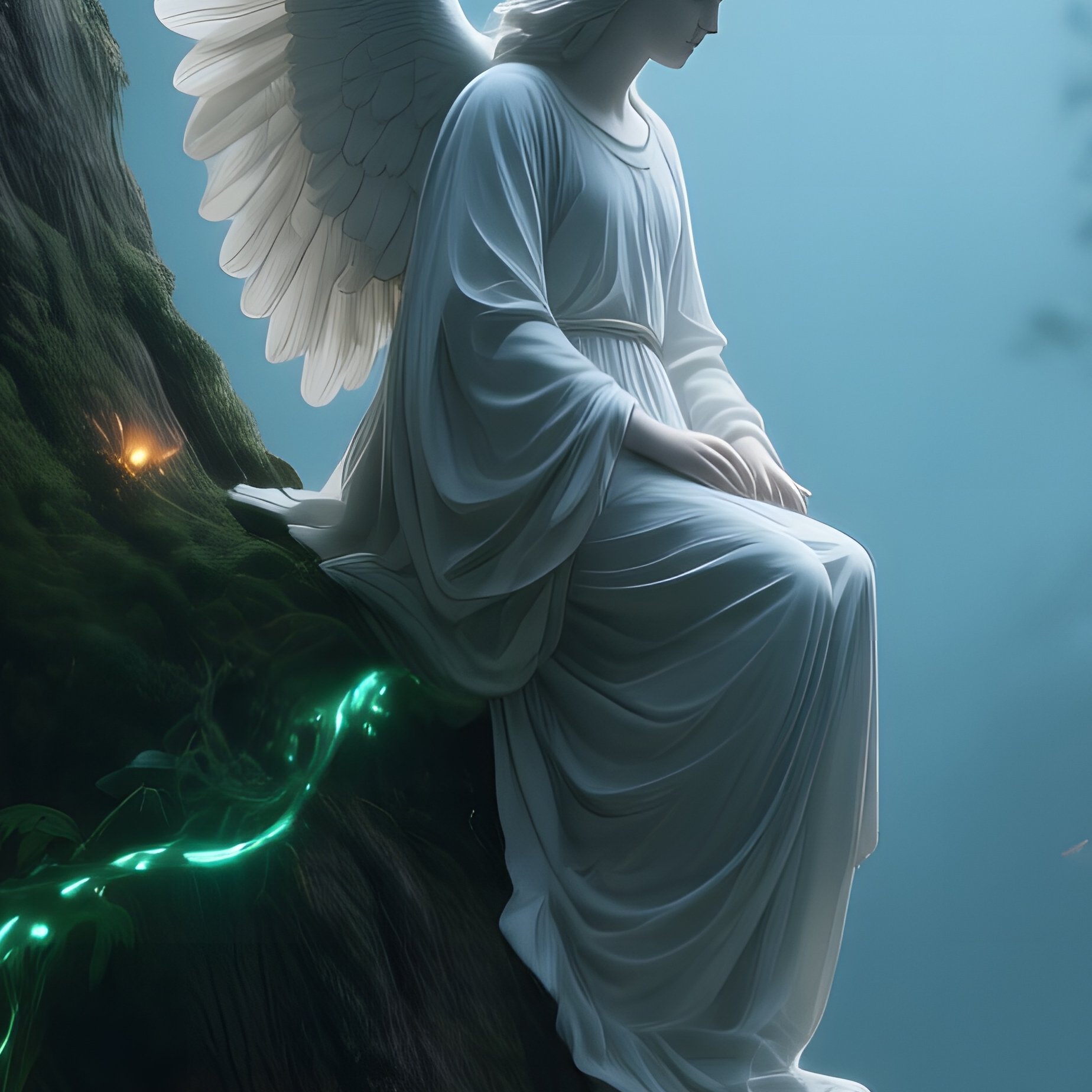 An Angel Perched On A Massive Ancient Tree Trunk In An Enchanted Forest, Moonlight Filtering - Full Resolution Quality Preview