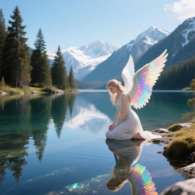 An Angel With Iridescent Wings Kneeling Beside A Crystal Clear Mountain Lake At Midday, Her