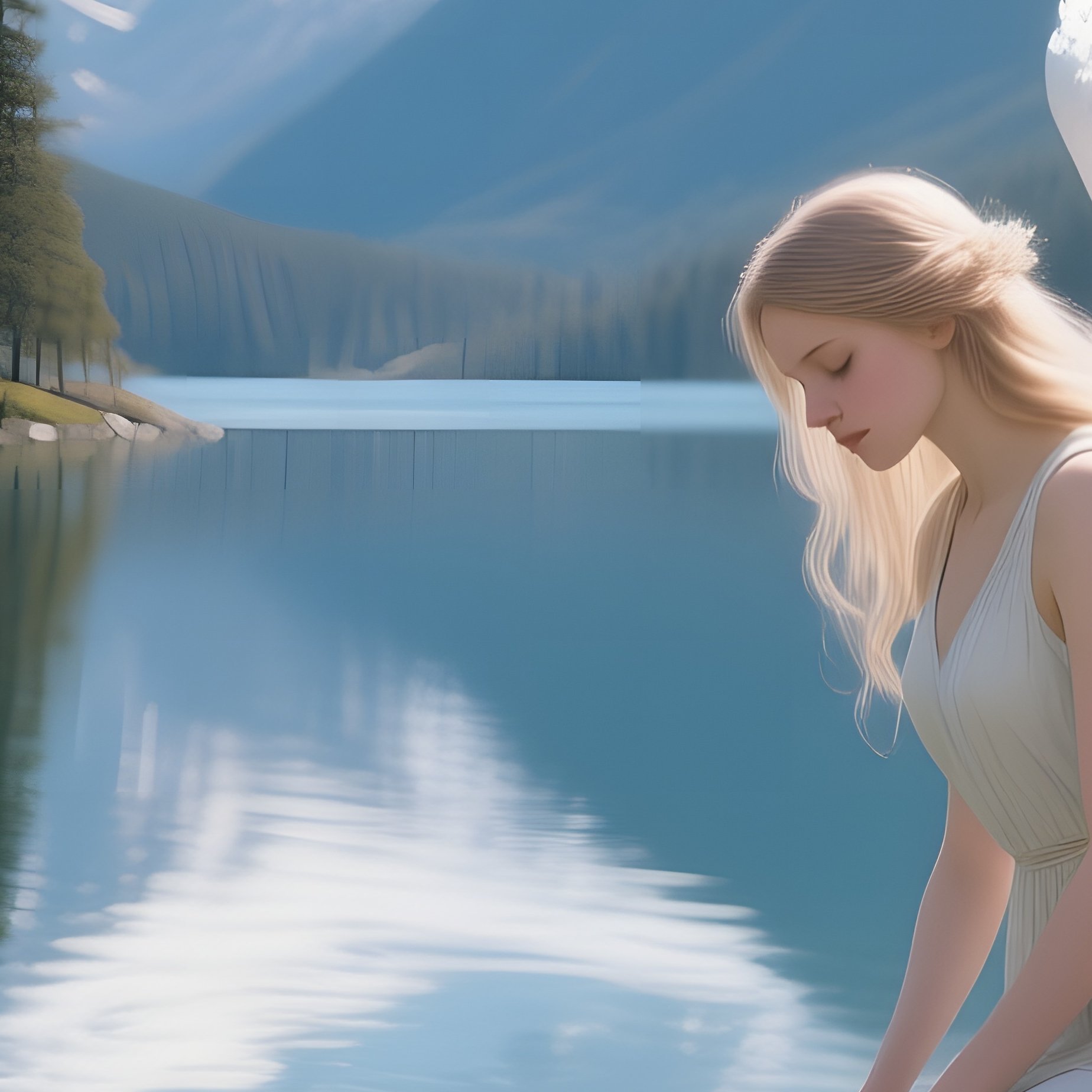 An Angel With Iridescent Wings Kneeling Beside A Crystal Clear Mountain Lake At Midday, Her - Full Resolution Quality Preview