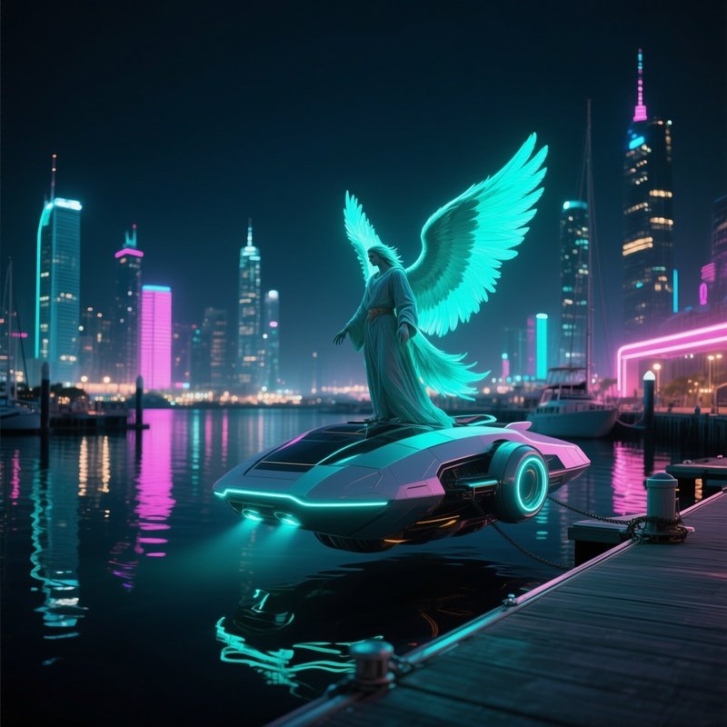 An Angel With Luminous Teal Feathers Perched On A Futuristic Hovercraft Docked In A Neon Lit Harbor
