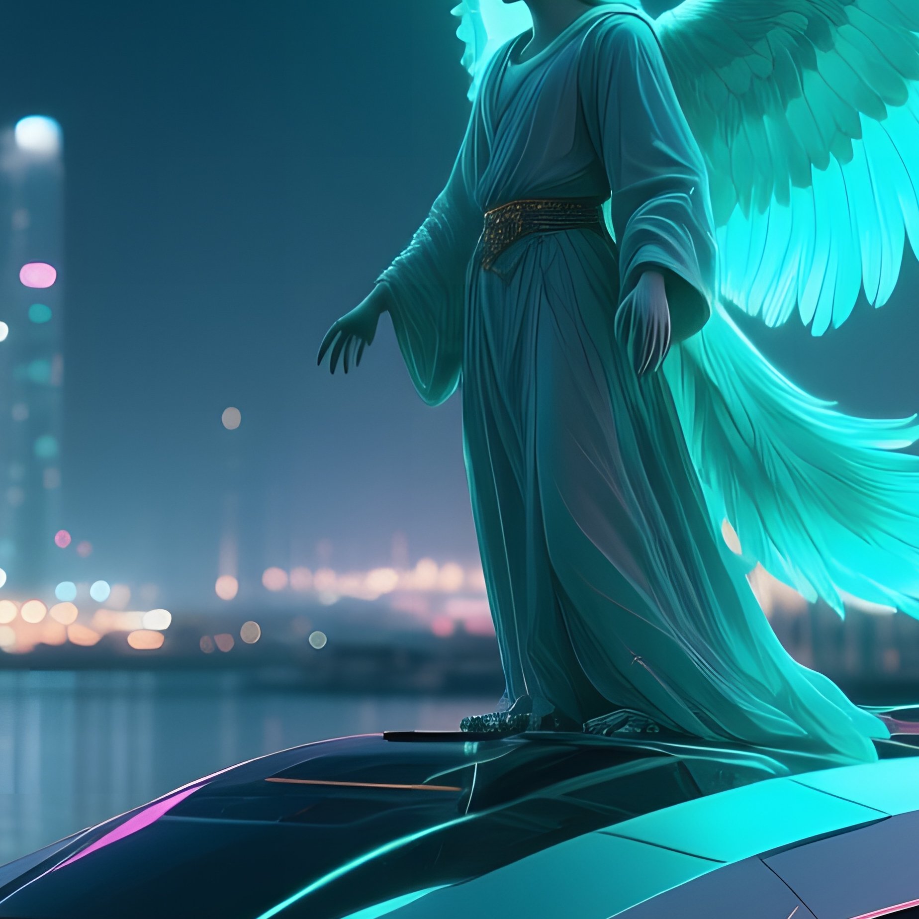 An Angel With Luminous Teal Feathers Perched On A Futuristic Hovercraft Docked In A Neon Lit Harbor - Full Resolution Quality Preview