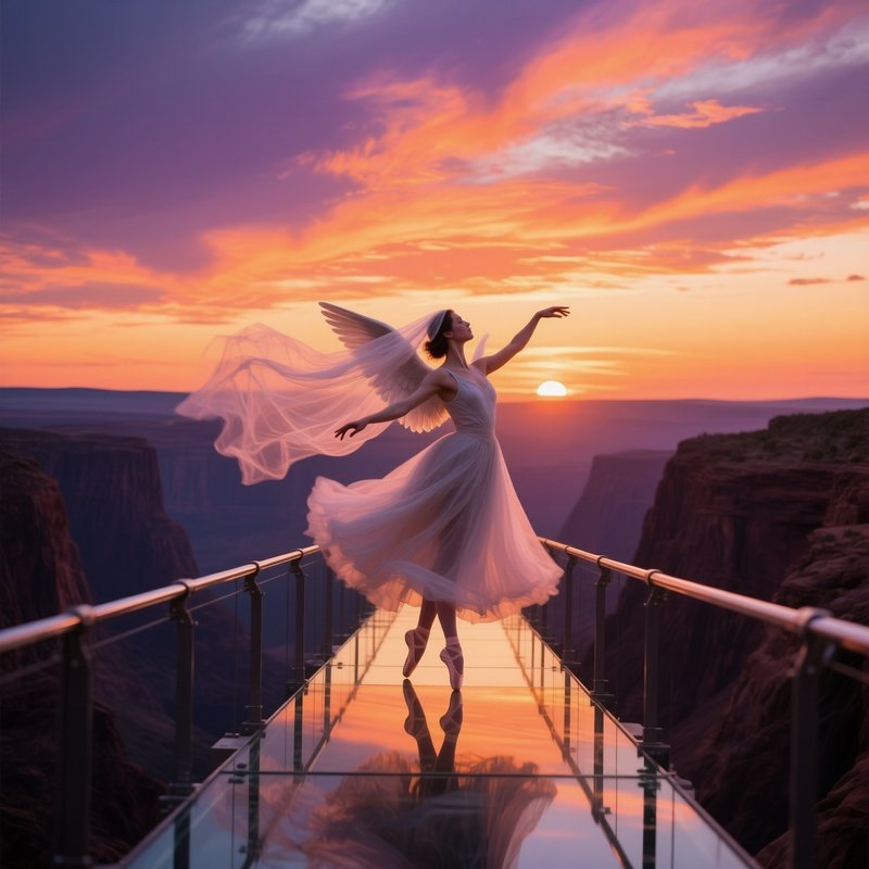An Angelic Dancer Twirling On A Glass Bridge Over A Canyon At Sunset, Wind Catching Her Veil And