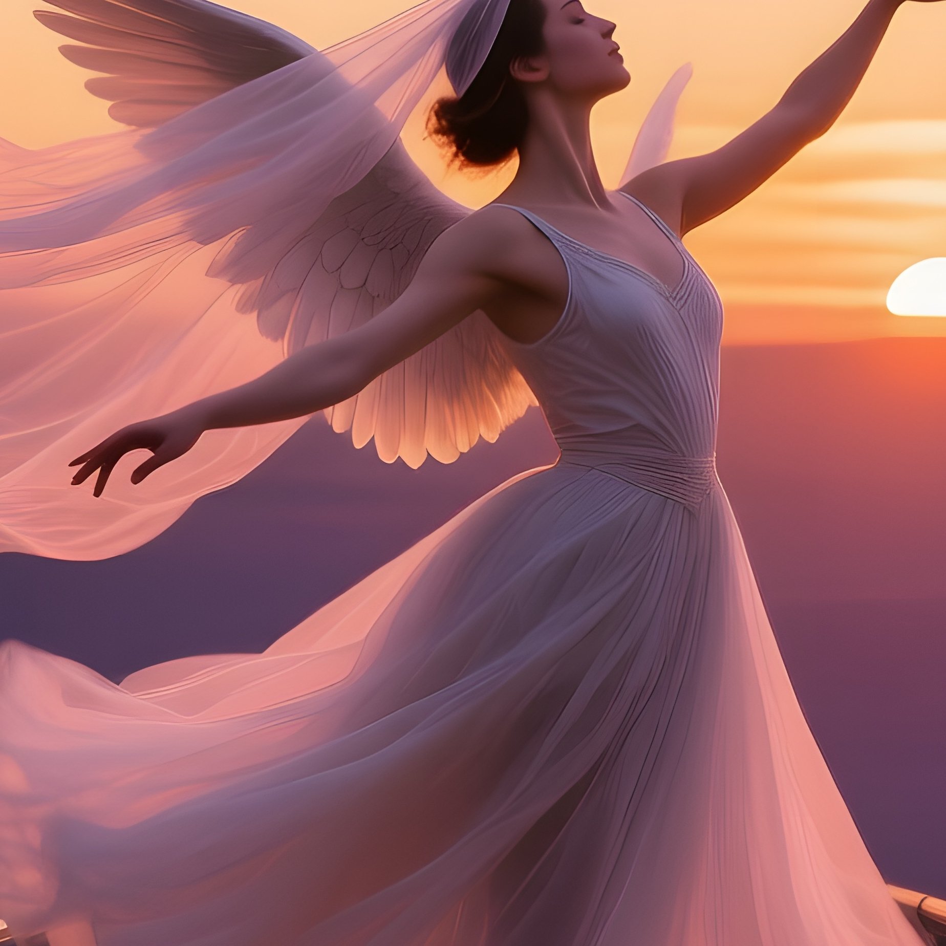 An Angelic Dancer Twirling On A Glass Bridge Over A Canyon At Sunset, Wind Catching Her Veil And - Full Resolution Quality Preview