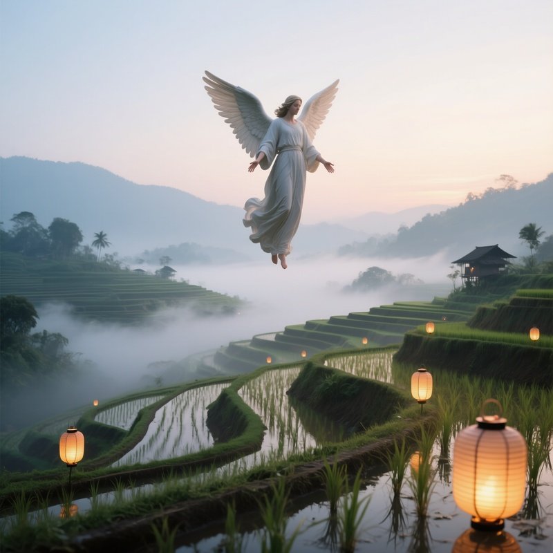 An Angelic Figure Floating Above A Serene Rice Terrace At Dawn, Mist Rising From Paddies And