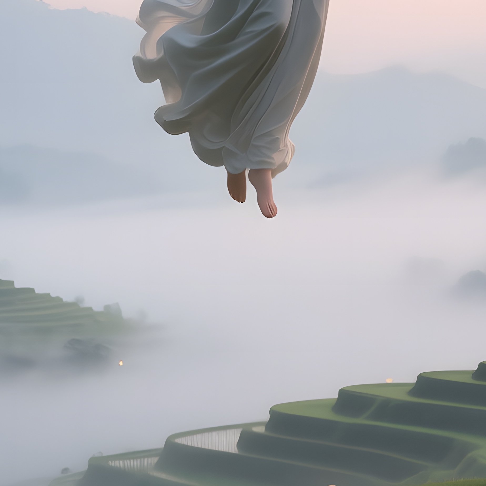 An Angelic Figure Floating Above A Serene Rice Terrace At Dawn, Mist Rising From Paddies And - Full Resolution Quality Preview
