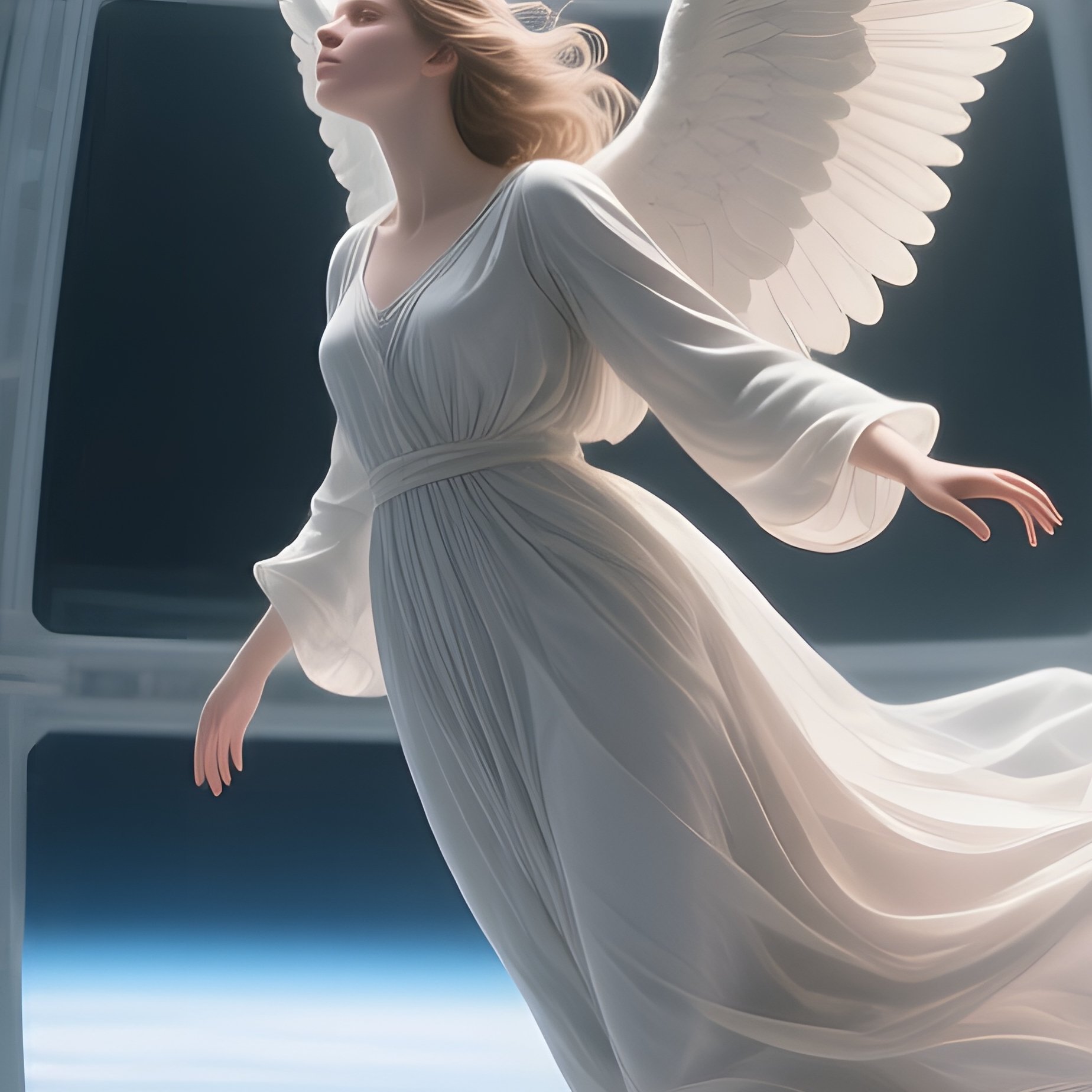 An Angelic Figure Floating In Zero Gravity Inside A Massive Glass Dome Space Station, Earth Visible - Full Resolution Quality Preview