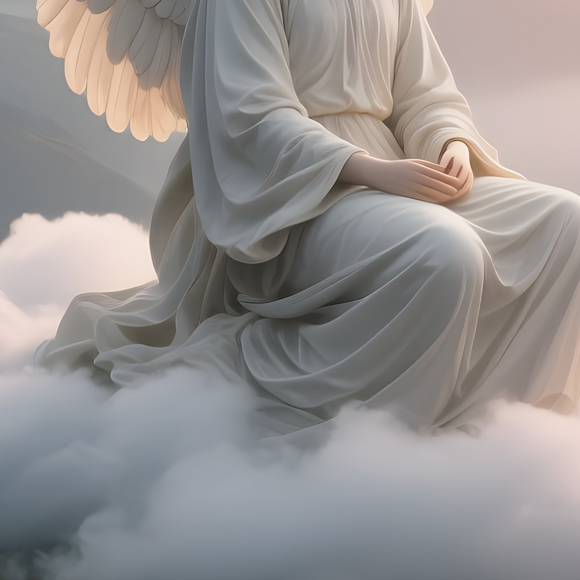 An Angelic Figure Seated On A Floating Island Of Clouds Above A Sunrise Lit Valley, Waterfalls - Full Resolution Quality Preview