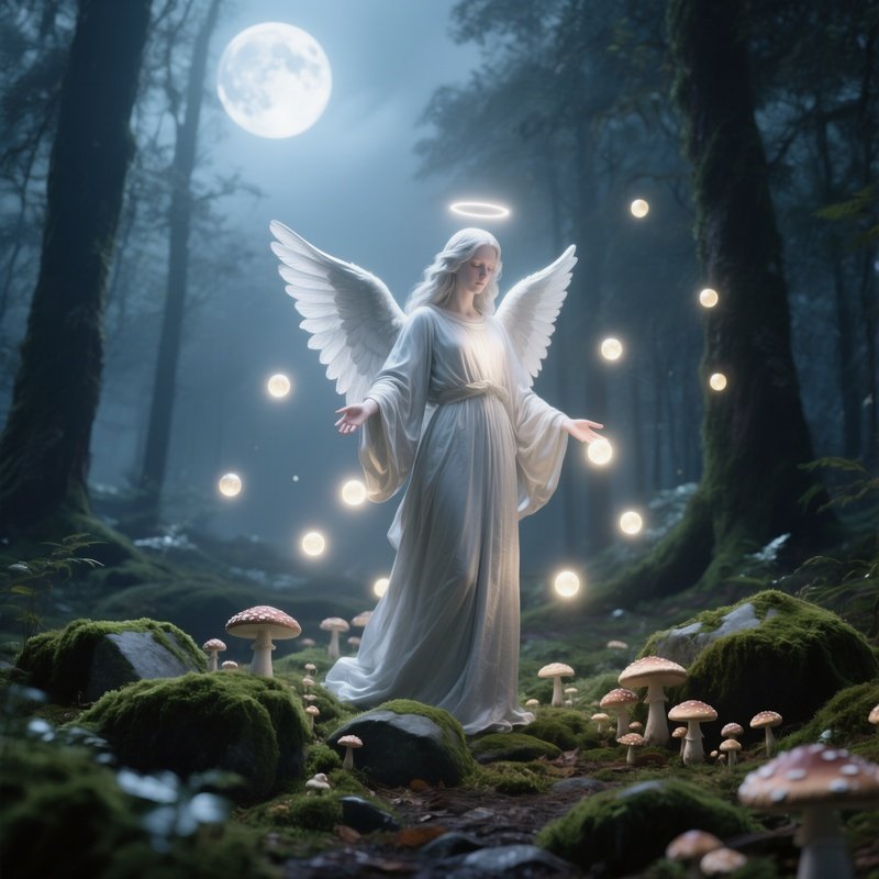 An Angelic Healer Surrounded By Floating Luminescent Orbs In A Moonlit Forest Clearing, Soft Silver