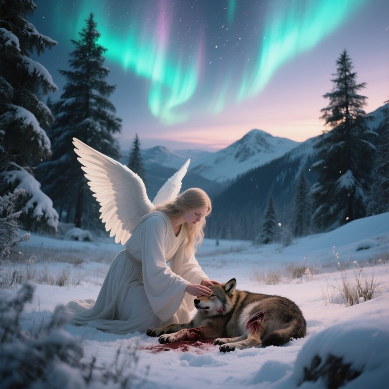 An Angelic Healer Tending To Wounded Wildlife In A Snowy Alpine Meadow At Twilight, Soft Aurora