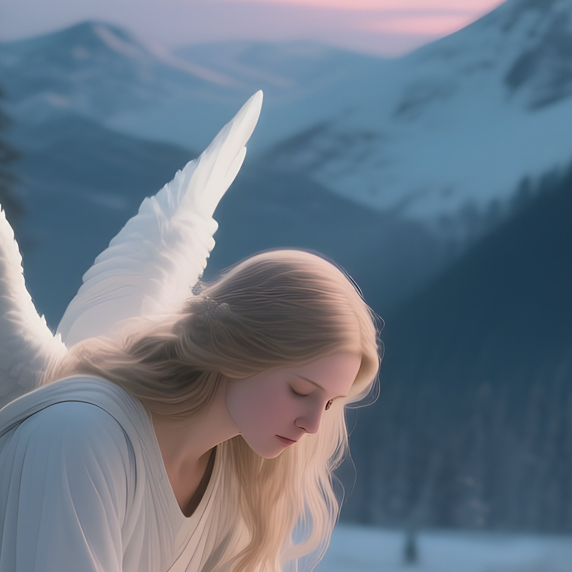 An Angelic Healer Tending To Wounded Wildlife In A Snowy Alpine Meadow At Twilight, Soft Aurora - Full Resolution Quality Preview