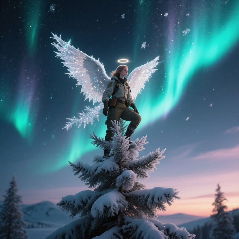 An Angelic Scout Perched Atop A Snow Covered Pine Tree At Twilight, Aurora Borealis Dancing