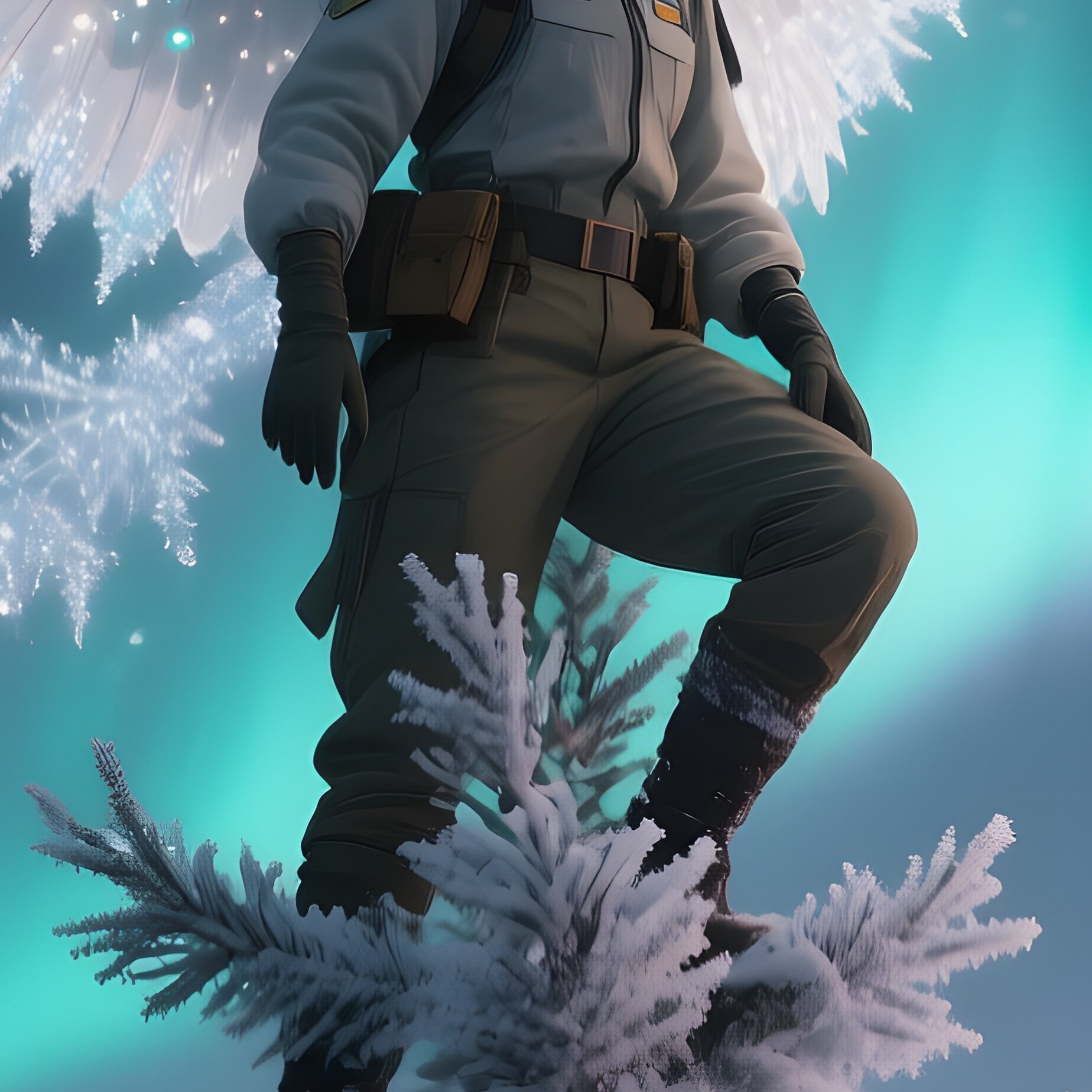 An Angelic Scout Perched Atop A Snow Covered Pine Tree At Twilight, Aurora Borealis Dancing - Full Resolution Quality Preview