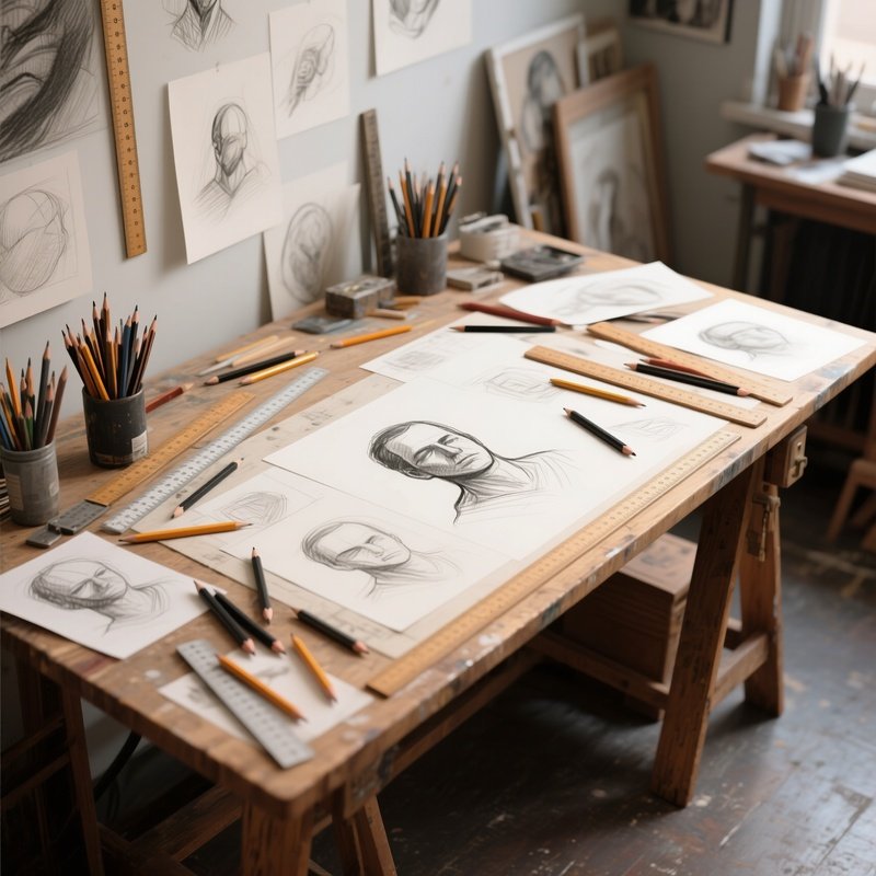 An Angled Wooden Drafting Table Located In An Artist’S Studio, Covered With Creative Sketches, Graphite Pencils, And Various Rulers.