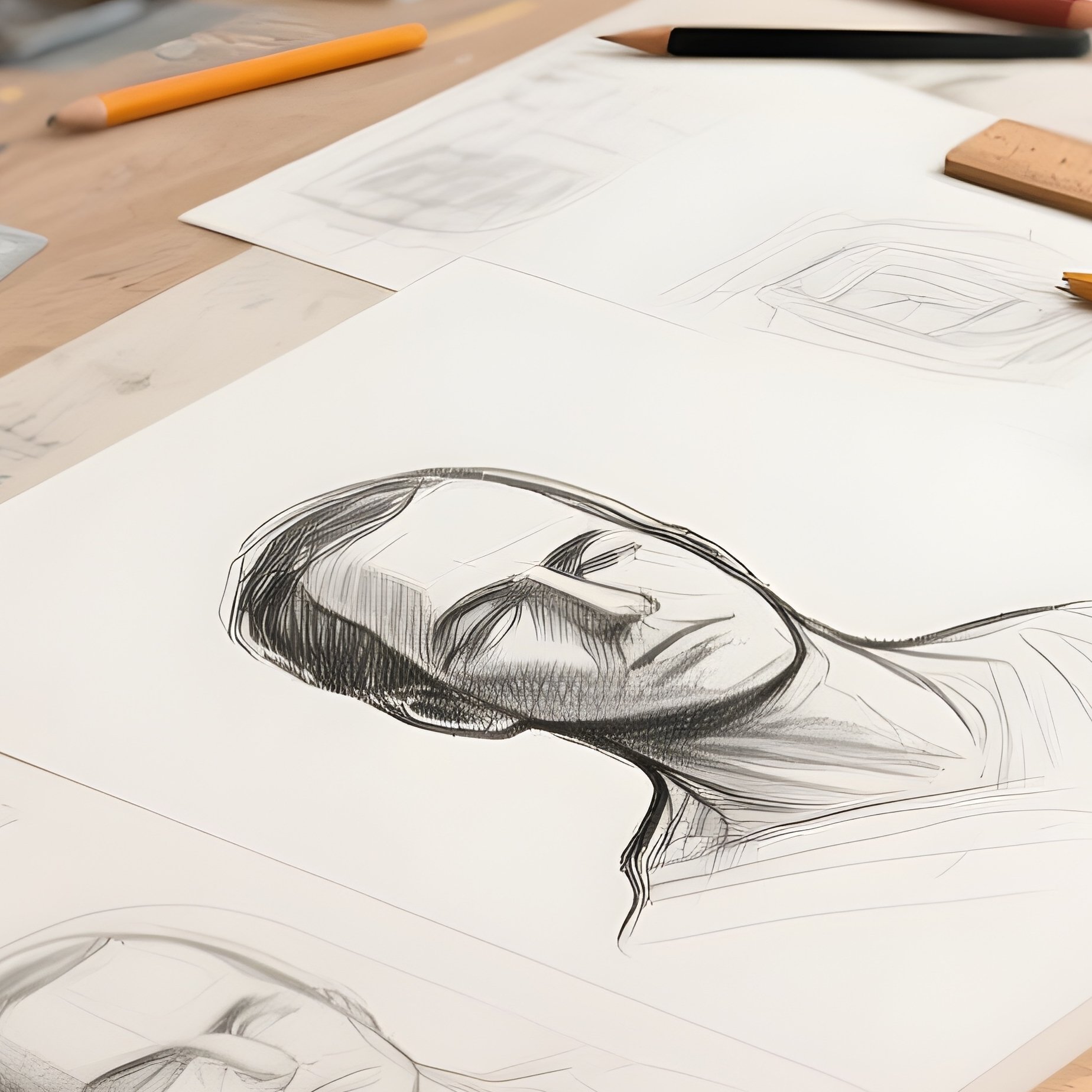 An Angled Wooden Drafting Table Located In An Artist’S Studio, Covered With Creative Sketches, Graphite Pencils, And Various Rulers. - Full Resolution Quality Preview